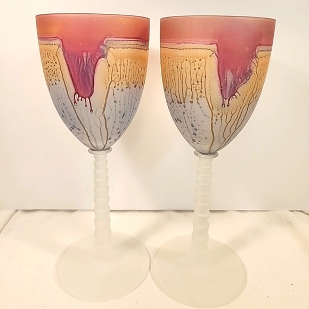 Vintage Pair of Rueven Art Nouveau 8 1/4” Tall Wine Glasses x 2 Stemmed READ